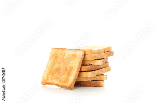 Stack of slices of bread toasts isolated on white background
