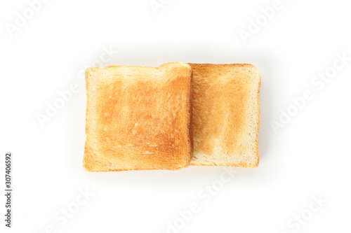 Tasty bread toasts isolated on white background, top view