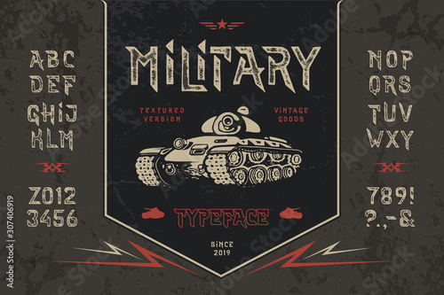 Font Military. Pop vintage art letters, numbers