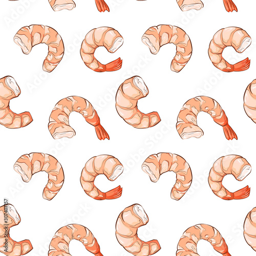 Seamless vector pattern of shrimp on a white background. Realistic illustration.
