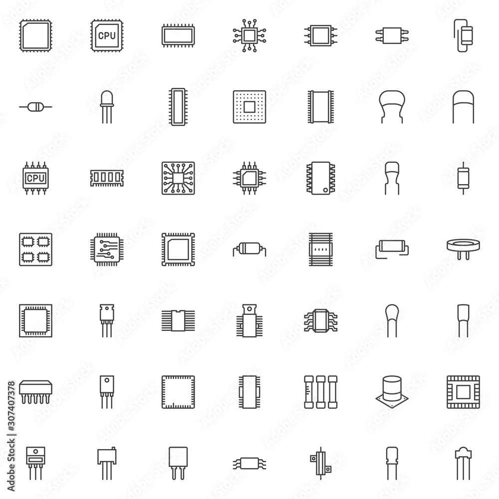 Computer components line icons set. CPU chip linear style symbols collection, outline signs pack. Computer microprocessor vector graphics. Set includes icons as Microchip circuit board, resistor