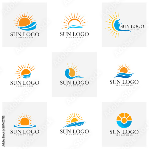 Set of Sun with water logo design vector template, Icon symbol, Illustration