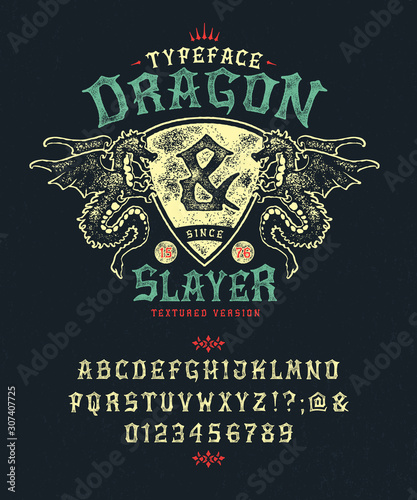 Font Dragon Lord. Pop vintage letters, numbers