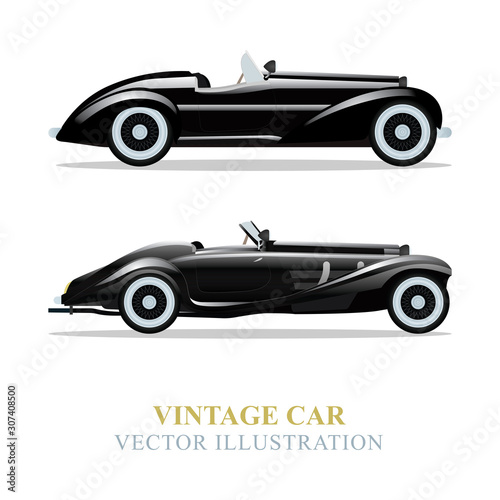Vintage car. Retro cabriolet realistic and flat vector illustrations collection.  Different colors old style car graphic. Part of set.