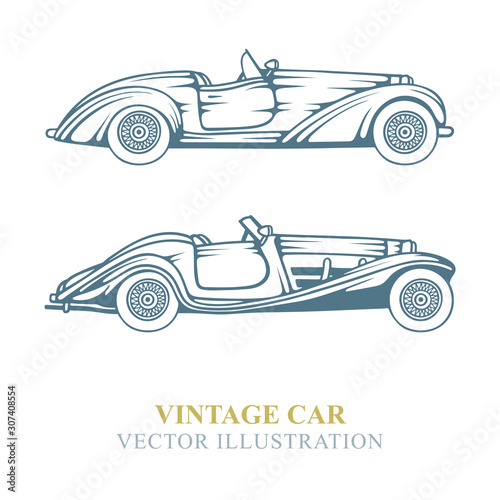 Vintage cars hand drawn vector illustration. Retro cabriolet sketch drawings collection.  Different style old style car graphic. Part of set.