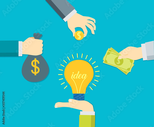 Crowdfunding, investing into ideas, funding project by raising monetary contributions, vector illustration