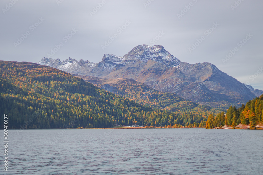 The Lake Silvaplana, in the Swiss alps near the Town of Silvaplana and Sankt Moritz, Switzerland - October 2019.