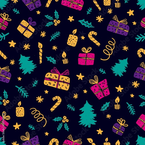 Christmas vector seamless pattern with tree, gift, candle, holly, confetti, snow and stars. Vector seamless illustration.