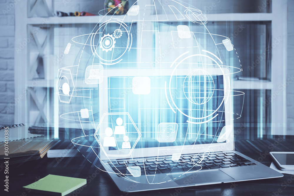 Computer on desktop with social network theme icon. Multi exposure. Concept of international connections. Computer on desktop with social network theme icon. Multi exposure. Concept of international connections.