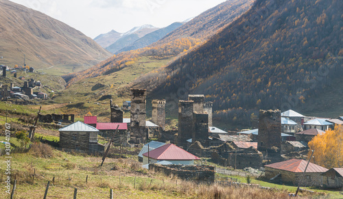 The small village is located on a mountainside in Svaneti in the mountainous part of Georgia