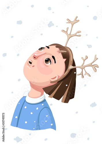 The girl with the christmas horns on the head looks in amazement as snowflakes fall from the sky. Young woman with a Hoop reindeer antlers on the background of falling snow. Vector illustration.