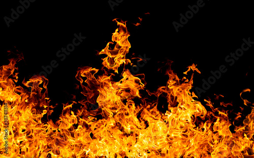 The biggest fire flames of realistic burning on black background. For art work design, banner or backdrop.