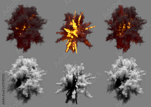six round explosions of anti air gun shell hit or view from above on bang or missile interception blast isolated on grey - 3D illustration of objects