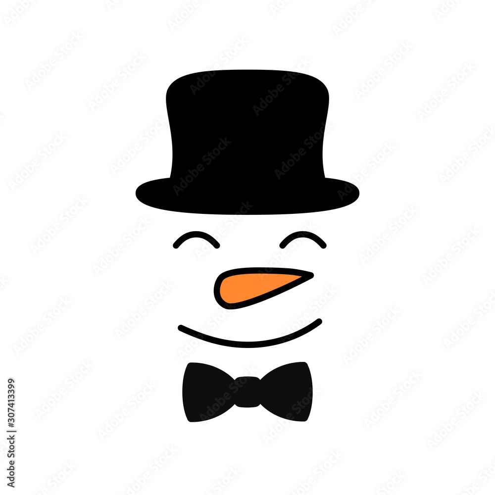 Cute snowman face with hat - vector. Snowman gentleman. Snowman head. Vector illustration isolated.