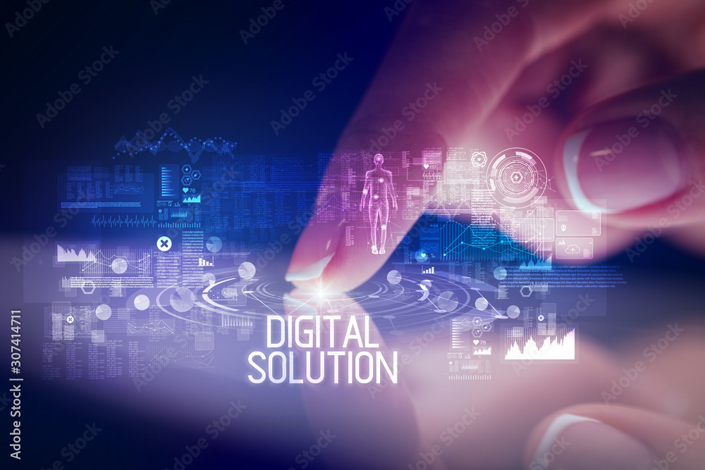 Finger touching tablet with web technology icons and DIGITAL SOLUTION inscription Finger touching tablet with web technology icons and DIGITAL SOLUTION inscription