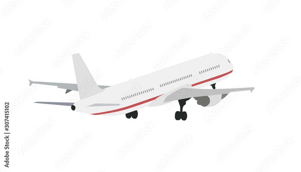 Plane takes off, isolated vector illustration, flat design airplane drawing