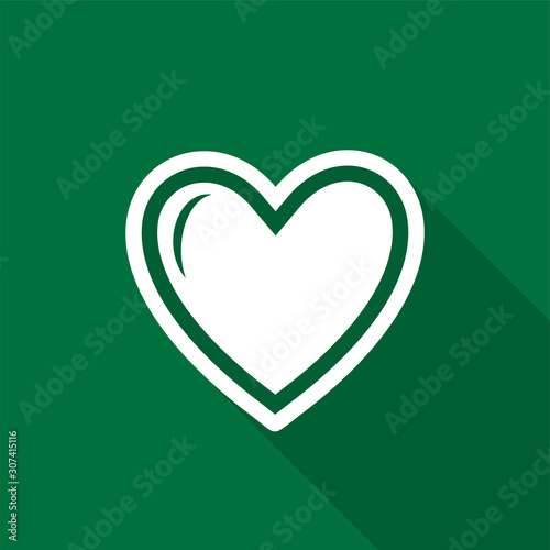 Flat white heart icon with a long shadow on a green background.