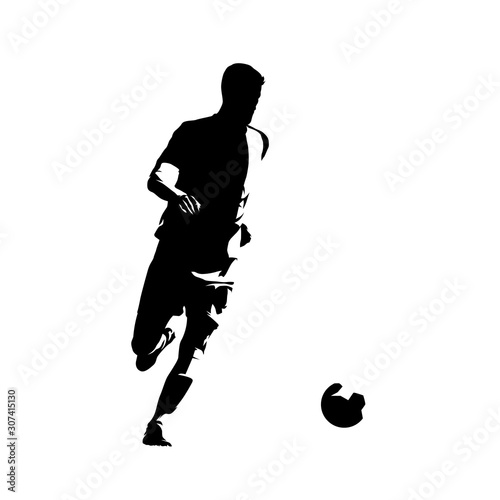 Soccer player running with ball, abstract isolated vector silhouette. Footballer ink drawing, comic style