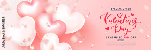 Happy valentine's day sale banner. Holiday background with flying balloons and streamers.Vector illustration for website,posters,ads,coupons,promotional material.