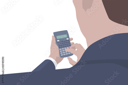 Businessman counting on calculator, flat design vector illustration. Business analyzing