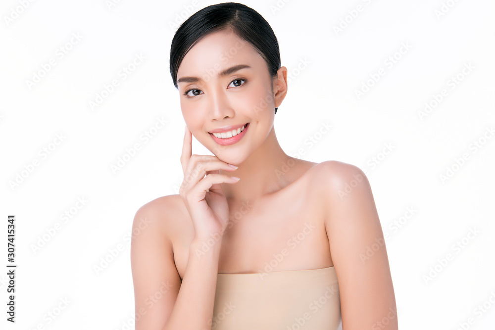 Beautiful Young Asian Woman with Clean Fresh Skin. Face care, Facial treatment, on white background, Beauty and Cosmetics Concept. Beautiful Young Asian Woman with Clean Fresh Skin. Face care, Facial treatment, on white background, Beauty and Cosmetics Concept.