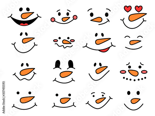 Cute snowman faces - vector collection. Funny snowman emotions. Snowman heads. Vector illustration isolated.