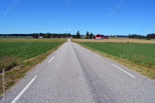 A typical Norwegian road in the countryside. Ostfold Region, Norway