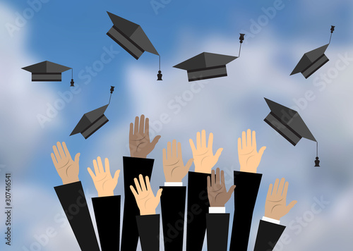 Hands of graduates throwing graduation hats in the air. Concept of education. College or university ceremony. illustration in flat style