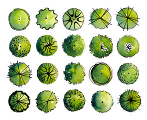 Symbols of Landscape architect plan design by watercolor hand drawn painting with brushes strokes.Colorful splashing in the paper.It's wet texture background for creative wallpaper,floral card and art