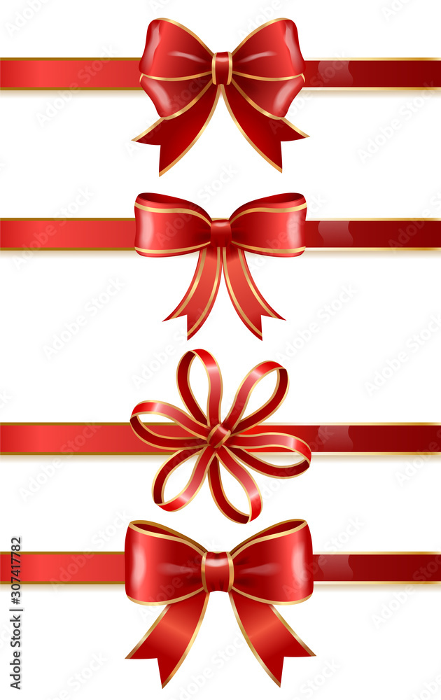 Set of red bows made from ribbons isolated on white background. Sample of knots for decoration gift boxes for holiday. Wrapping packages for party celebration. Vector gift bow illustration Set of red bows made from ribbons isolated on white background. Sample of knots for decoration gift boxes for holiday. Wrapping packages for party celebration. Vector gift bow illustration