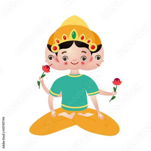 Hindu deity with three heads sitting lotus pose vector illustration