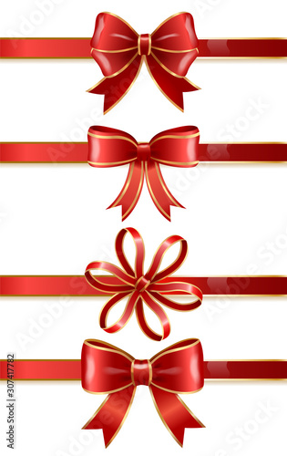 Set of red bows made from ribbons isolated on white background. Sample of knots for decoration gift boxes for holiday. Wrapping packages for party celebration. Vector gift bow illustration