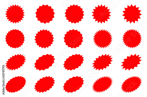 Set of red starburst, sunburst badges. Design elements - best for sale sticker, price tag, quality mark. Flat vector illustration isolated on white background..