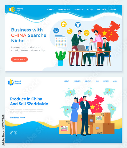 Business with China search niche and relation between counties. Trade and selling products from asian country. People negotiating price. Website or webpage template, landing page vector in flat style