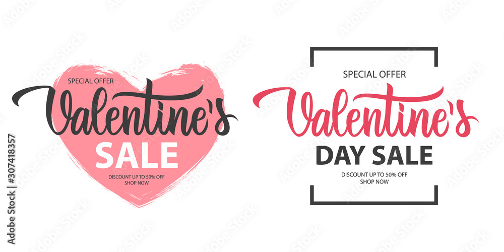 Valentines Sale promotional labels templates set. Valentine's Day special offer text design with hand lettering for business, holiday shopping, promotion and advertising. Vector illustration. Valentines Sale promotional labels templates set. Valentine's Day special offer text design with hand lettering for business, holiday shopping, promotion and advertising. Vector illustration.
