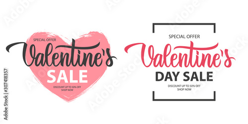 Valentines Sale promotional labels templates set. Valentine's Day special offer text design with hand lettering for business, holiday shopping, promotion and advertising. Vector illustration.