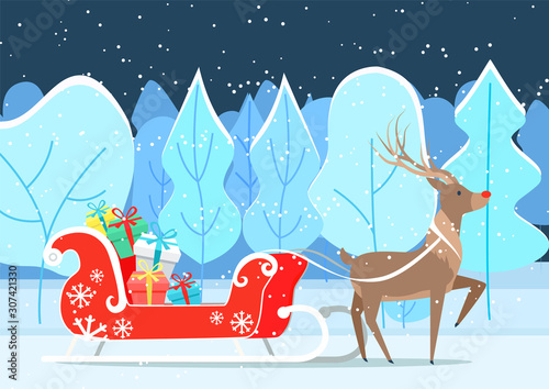 Deer cartoon character with sledge in winter park. Reindeer fairy animal riding sleigh with colorful gift boxes in evening. Dark view of forest with Santa assistant with present on snowy land vector