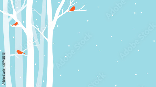 Winter landscape background. Flat blue vector illustration with trees and birds.