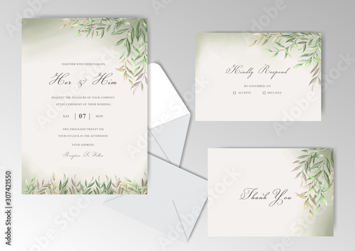 Elegant Watercolor Wedding Invitation Cards Set with Beautiful Leaves