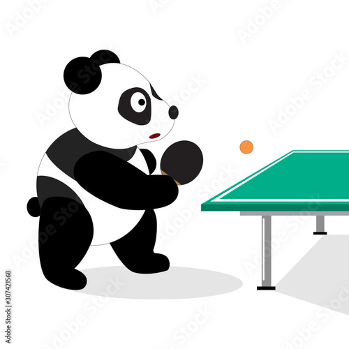Panda plays table tennis. A panda bear holds a table tennis racket in his hands, stands near a sports table at a tennis competition.