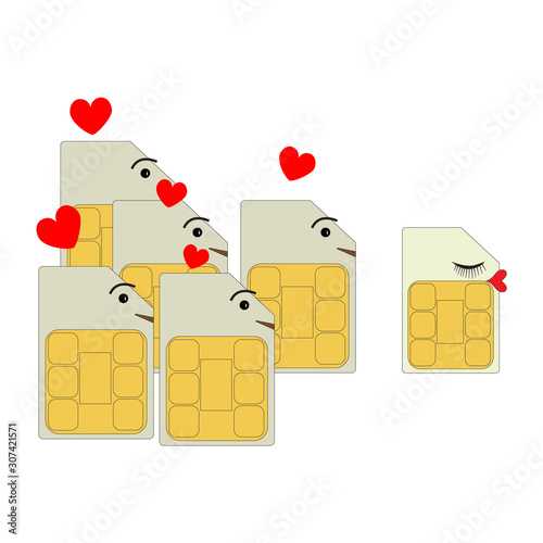 Sim cards in the form of men declare their love and look after the female SIM card of the smartphone. Online dating concept by phone and internet.