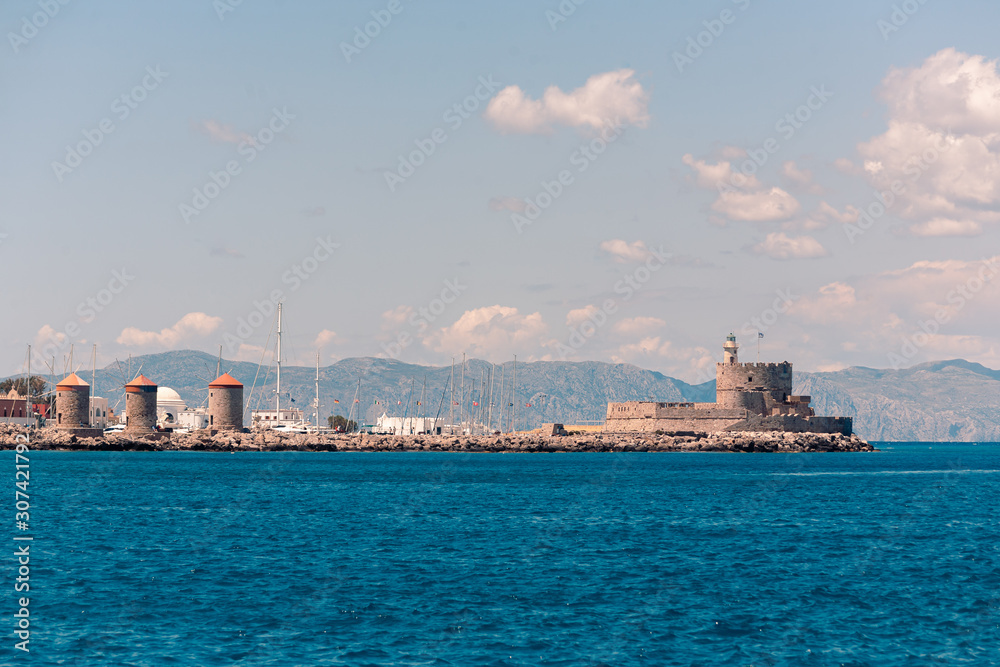 View on the port seaside on Rhodes island at sun day light