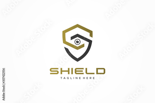 Logo Vector Shield Letter S with eye lens camera inside. Protection Security Logo Design Template  photo