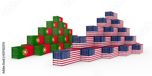 3D Illustration of the group Cargo Containers with Portugal and United States of America (USA) Flag. Isolated on white.