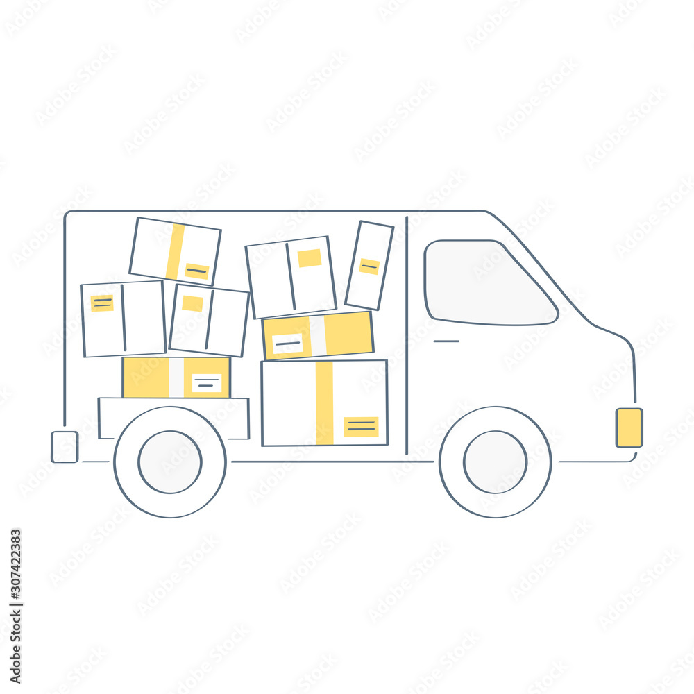 Transportation, movement or delivery service icon concept. Truck, vehicle or van with boxes inside. Flat outline vector illustration icon on white.