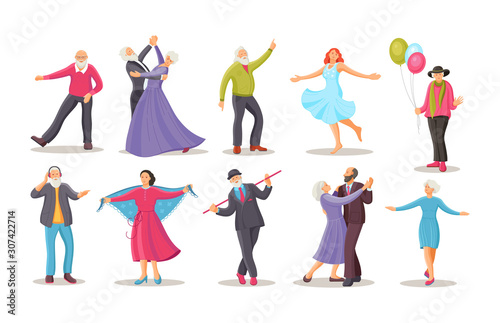 Old dancing people. Stylish elderly man and woman senior aged persons dance. Happy active elderly couple on music party together and singly. Dancers grandmother and grandfather cartoon vector