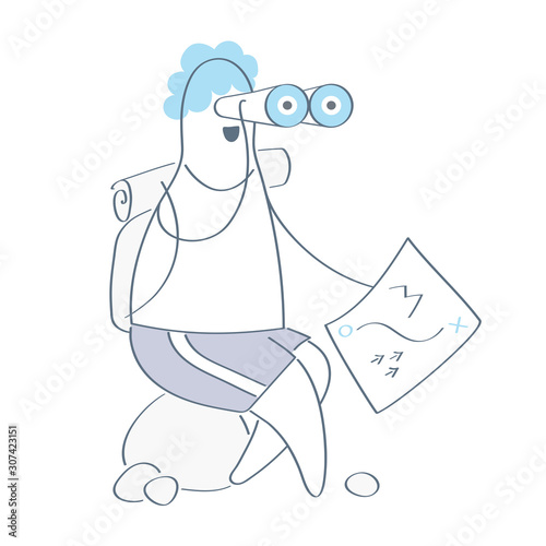 A lost guy with a map, binoculars and a backpack sits on a stone. Tourist, traveler, discoverer looking for a way, route. Flat outline ui vector illustration on white.