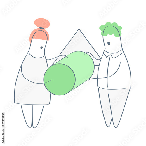 Intelligence test, shape puzzle, wrong shape, mismatched icon concept. Two cartoon outline person trying to insert the figurine cube into an inappropriate hole. Flat line vector illustration of IQ.