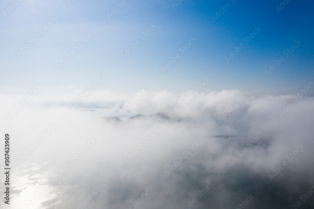 Aerial view, on a foggy morning, over St.Lawrence Park in the thousand islands, Canada