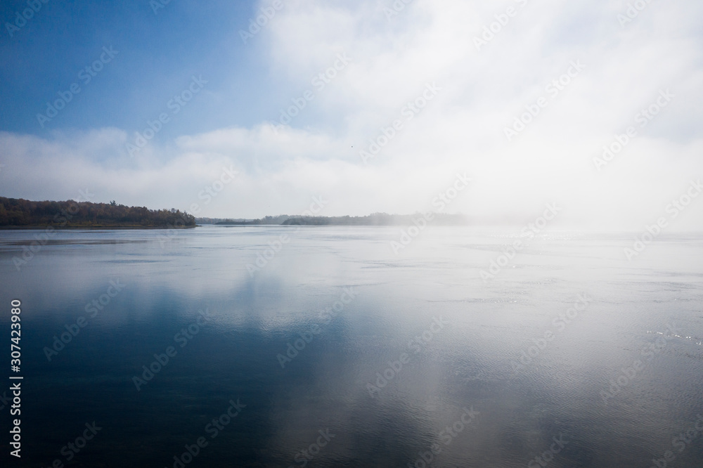 Foggy morning, over St.Lawrence River in the thousand islands, Canada